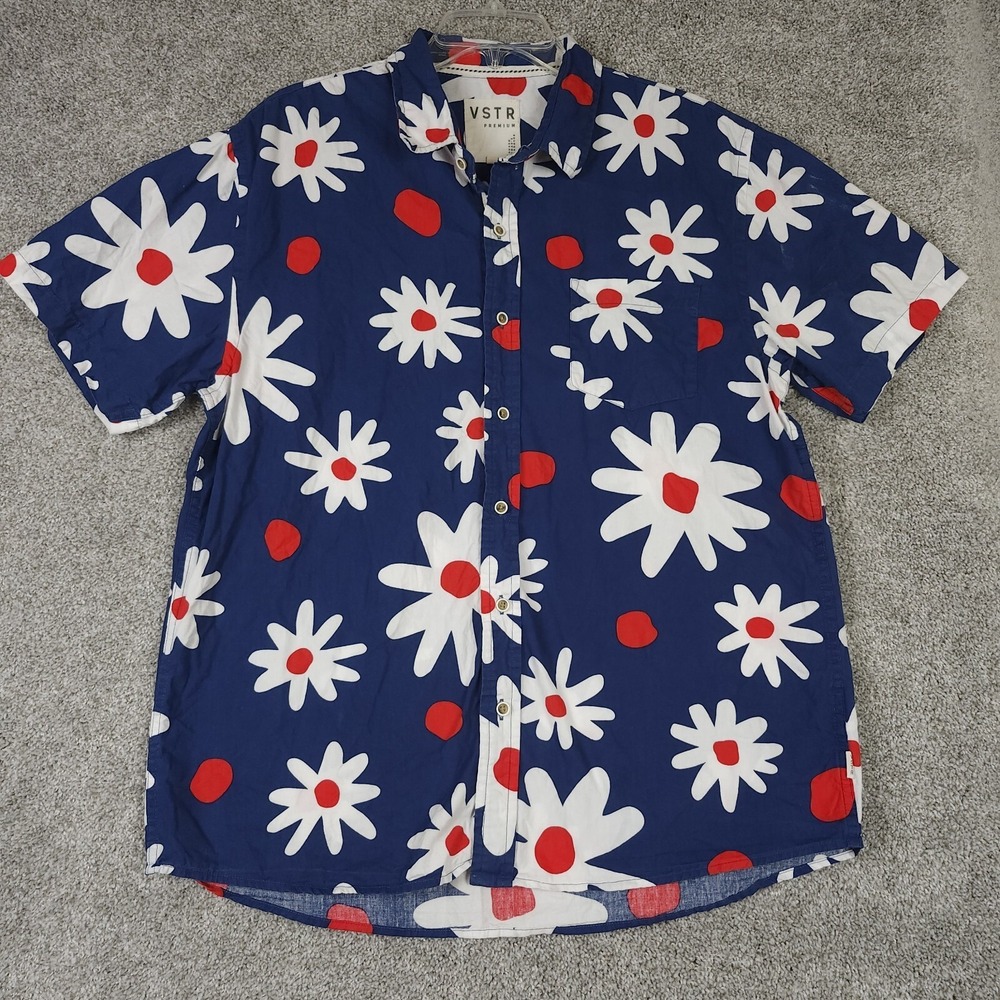 VSTR Premium Men's Size XL Blue Short Sleeve Shirt Button Floral All Over Daisy